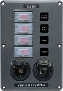 Blue Sea Systems Suya Dayanıklı Sigorta Paneli 4 Pozisyonlu + USB + 12V soket