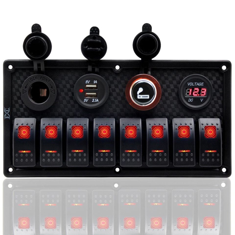 Switch Panel 8 li Çakmaklık Usb Çakmak Voltmetre Kırmızı
