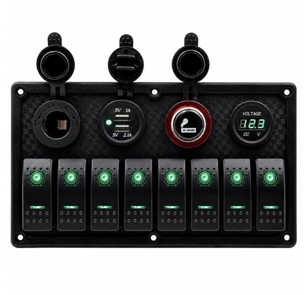 Labarka 8'li Switch Panel USB + Çakmaklık + Voltmetre + Çakmak Yeşil LED'li